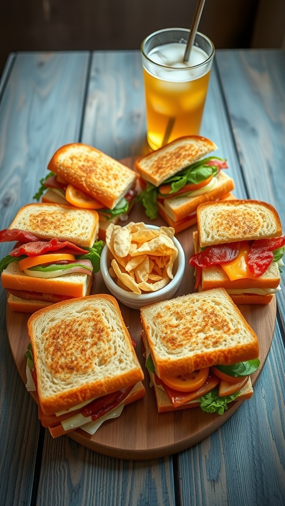 A variety of five sandwiches with fresh ingredients on a wooden table.